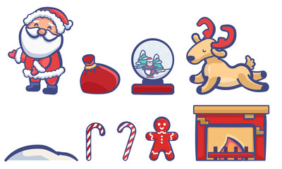 Santa Claus with presents on white isolated backdrop. Christmas sticker set for invitation or gift card, notebook, bath tile, scrapbook. Phone case or cloth print. Flat style stock vector illustration