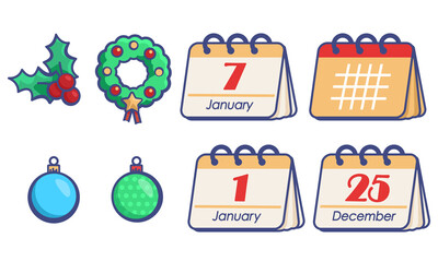 Holly and calendar pages on white isolated backdrop. Christmas sticker set for invitation or gift card, notebook, bath tile, scrapbook. Phone case or cloth print. Flat style stock vector illustration