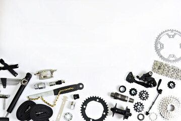 Bicycle drive parts on a white background. - obrazy, fototapety, plakaty