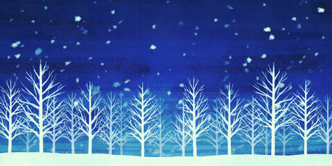 Fototapeta na wymiar 水彩　雪景色の森林の風景イラスト　冬の背景装飾　コピースペース