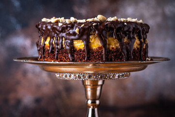 Chocolate cake decorated with nuts on a dark background