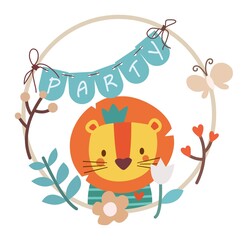 Children's holiday. Cute vector illustration. Lion in vector. King of beasts. Party, Celebration. Flowers, leaves, branches, butterflies for decoration. Icons in vector. Party for kids. Holiday card