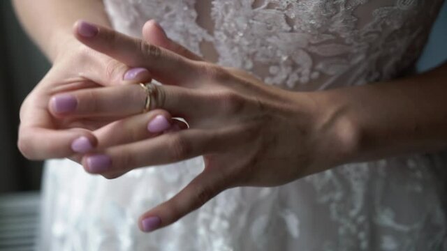 Bride or wife with marriage wedding ring on her hand. Just married woman