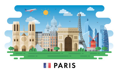 Paris, France. Eiffel Tower, Notre Dame de Paris cathedral, Arc de Triomphe, The Basilica of the Sacred Heart. Modern buildings and city sights. Vector illustration - obrazy, fototapety, plakaty