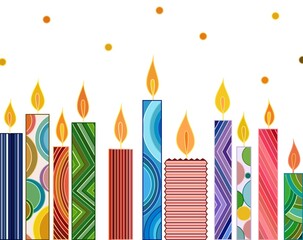 Fototapeta na wymiar Cute vector illustration. Colored candles. Twinkles. Candle, spark. Children's holiday. Party, Celebration. Icons in vector. Holiday card. New year, Christmas, birthday, wedding. Festive background