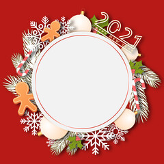Christmas and New Year 2021 frame card foliage with candy, cookies and snowflakes 