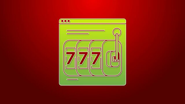 Green line Online slot machine with lucky sevens jackpot icon isolated on red background. Online casino. 4K Video motion graphic animation