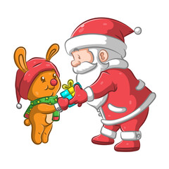 The big Santa Claus giving the small gift to the yellow rabbit