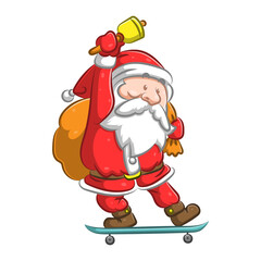 Fototapeta na wymiar The old Santa Claus standing on the skate board and holding the bell