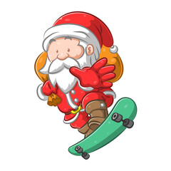 The Santa Claus standing on the green skate board and holding a sack of gift