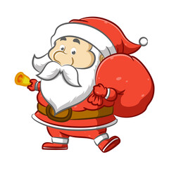 The Santa Claus holding a big red sack of gift and holding a small bell
