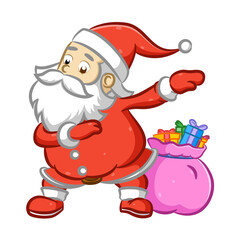The Santa Claus dancing beside a lot of gift in the pink sack
