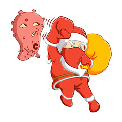 The Santa Claus using the red mask punch a big corona virus 
