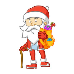 The Santa Claus using he stick holding a yellow sack of gift
