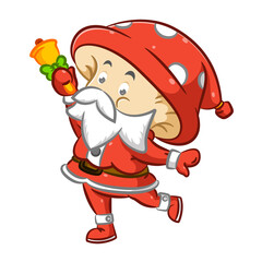 The mr mushroom using the Santa Claus costume and holding a small bell
