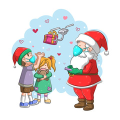 The Santa Claus giving the children the gift with the drone because physical distance