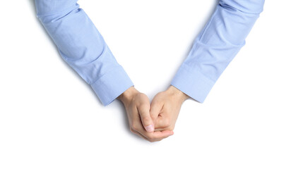 Man on white background, top view. Closeup of hands