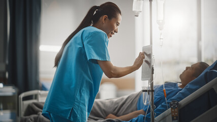 Hospital Ward: Portrait of Professional Chinese Head Nurse Doing Patient Vital's Checkup, Heart...