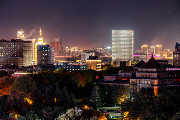 Fototapeta premium Night view of Changchun City and Nanhu Park in China