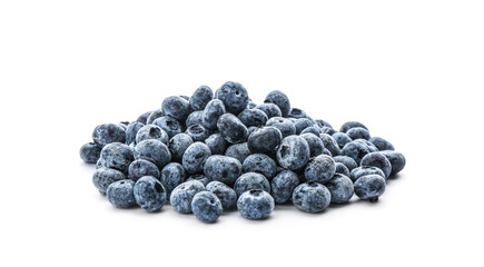 Heap of tasty frozen blueberries on white background