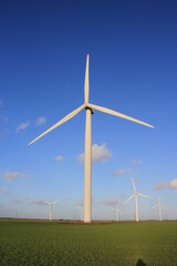 Fototapeta premium Wind farm turbines that produce electricity energy. Windmill Wind power technology productions Wind turbines standing in green field wind farm- stock footage