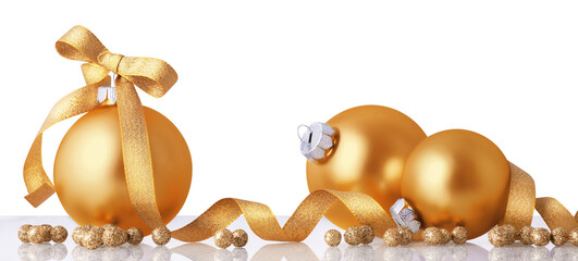 Golden christmas balls with ribbon isolated over white background.