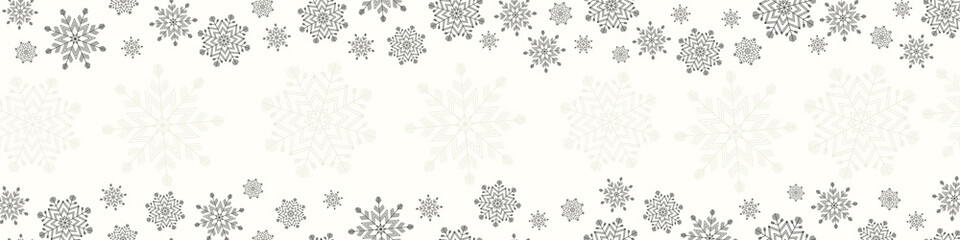 Black and half transparent geometric snowflakes different sizes pattern top and bottom on cream banner background. Flat style Merry Christmas, winter holiday and Happy New Year concept with copy space