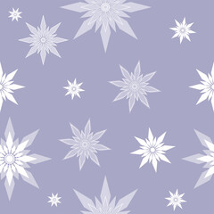 Seamless pattern white snowflakes stars different sizes on purple background. Flat style winter holiday and Happy New Year concept. Christmas ornament for textile wallpaper or wrapping paper