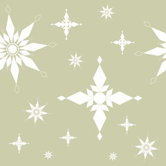 Seamless pattern white geometric snowflakes stars different sizes on gold background. Flat style winter holiday and Happy New Year concept. Christmas ornament for textile wallpaper or wrapping paper