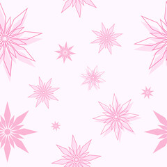 Fototapeta na wymiar Seamless pattern pink geometric snowflakes stars different sizes on rose background. Flat style winter holiday and Happy New Year concept. Christmas ornament for textile wallpaper or wrapping paper