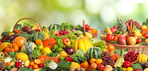 Assortment of fresh organic vegetables and fruits on blurred green background. Banner design