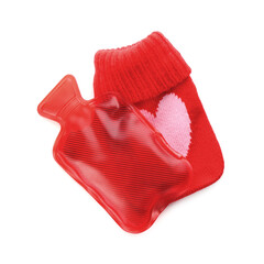 Hot water bottle with knitted cover isolated on white, top view