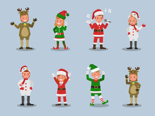 Set of kids boy and girl wearing Christmas costumes character vector design. Presentation in various action with emotions. no7