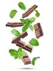 Milk chocolate pieces and mint falling on white background