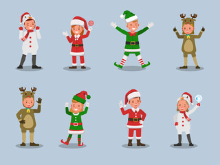 Set of kids boy and girl wearing Christmas costumes character vector design. Presentation in various action with emotions. no9