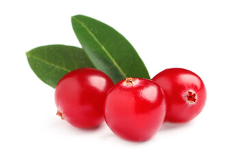Fresh cranberries with green leaves on white background