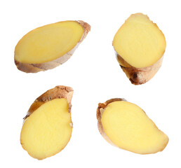Set of fresh ginger slices on white background