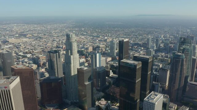 Wide angle view of Downtown Los Angeles, California Skyline at beautiful blue sky and sunny day, Aerial Drone Shot