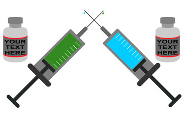 Competition of countries and companies for Covid vaccine production. vaccine wars concept. Vector syringe and medicine bottle