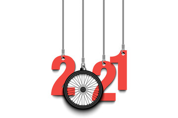 2021 New Year and bicycle wheel as a Christmas decorations hanging on strings. 2021 hang on cords on an isolated background. Design pattern for greeting card. Vector illustration