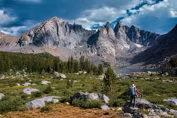 Trekking in to the breathtaking Cirque of Towers, seen from Shadow Lake, Wind River Range, Wyoming, USA