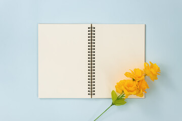 Top Table Spiral Notebook or Spring Notebook Mock up in Unlined Type on Center Frame and Yellow Flowers at Bottom Right Corner on Blue Pastel Minimalist Background