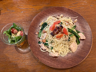 Seasonal Vegetable Pasta with Tuna in Olive Oil at Stylish Cafe, Japan
