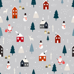 Seamless pattern Christmas background has Santa claus with house in snow and christmas tree Hand drawn design in cartoon style, use for print, celebration wallpaper, textile. Vector illustration