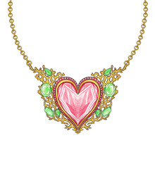 Jewelry design art mix heart and gems gold necklace. Hand drawing and painting on paper.