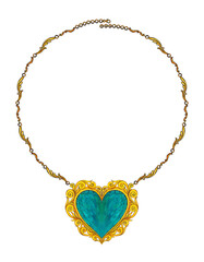 Jewelry design art vintage mix turquoise heart necklace.Hand drawing and painting on paper.