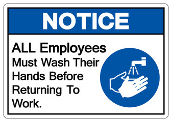Notice ALL Employees Must Wash Their Hands Before Returning To Work Symbol Sign,Vector Illustration, Isolated On White Background Label. EPS10