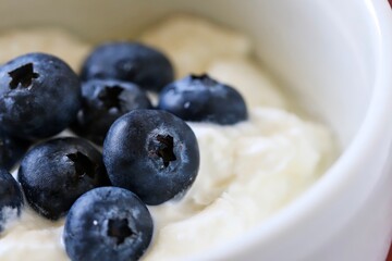 A close up shot of natural Greek style yogurt with some fresh blueberries on top in a white ceramic bowl.