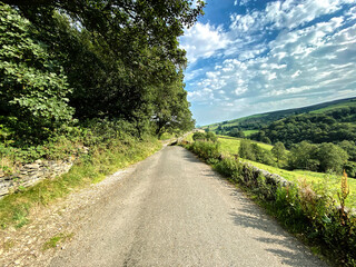 Late summers day on, Hey's Lane, with old trees, fields and forests in, Wainstalls, Halifax, UK