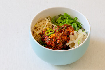 Korean food, Kkomag Bibimbab which is mixed with rice, vegetables and blood cockle